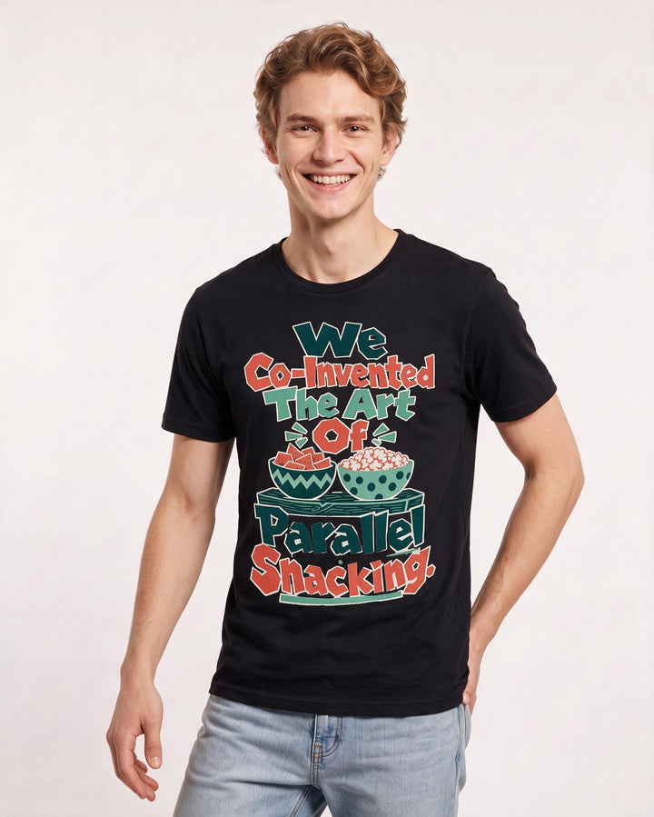 Couples Men's Black T-Shirt – We Co-Invented The Art Of Parallel Snacking product image 3