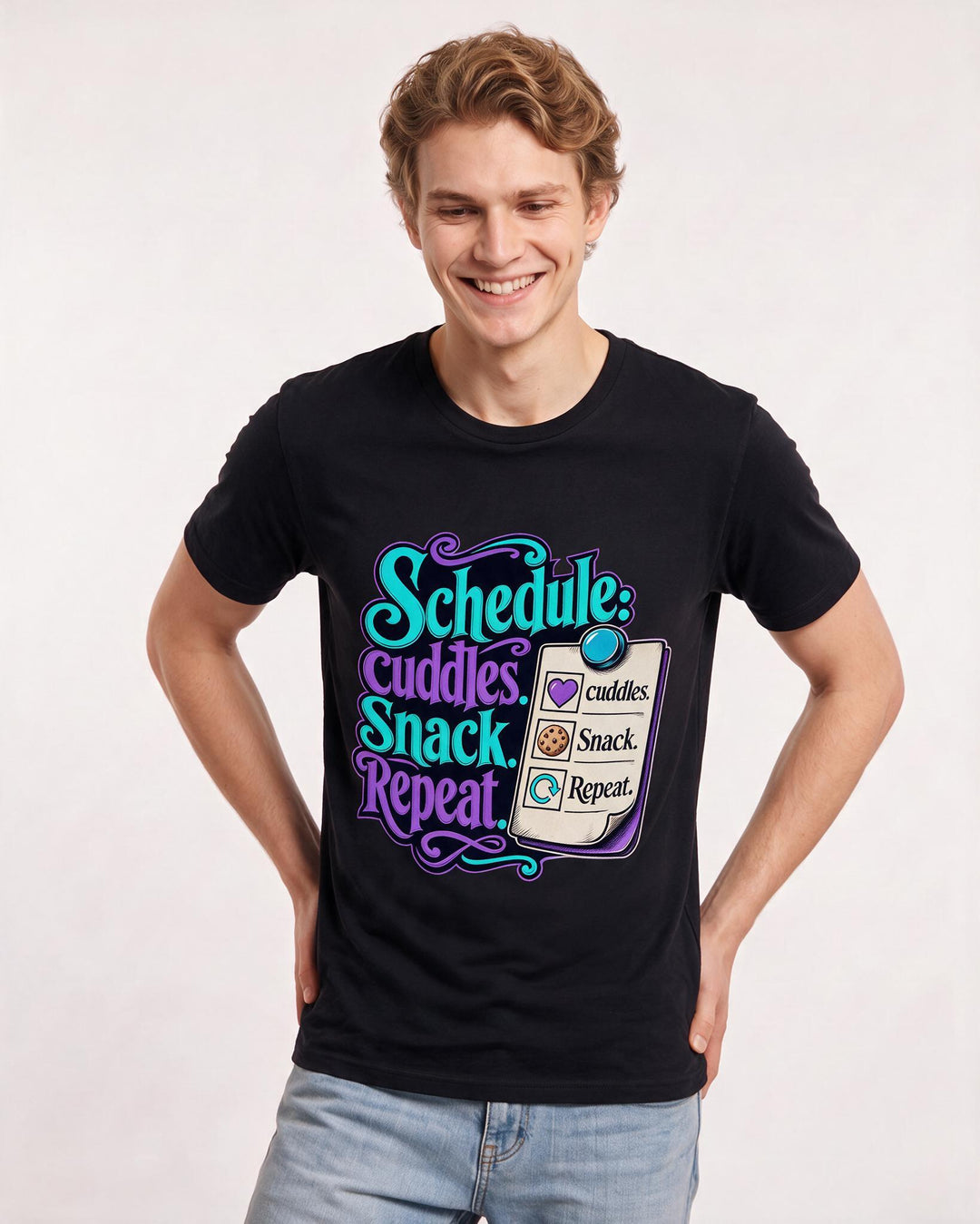 Family Men's Black T-Shirt – Schedule: cuddles. Snack. Repeat. product image 3