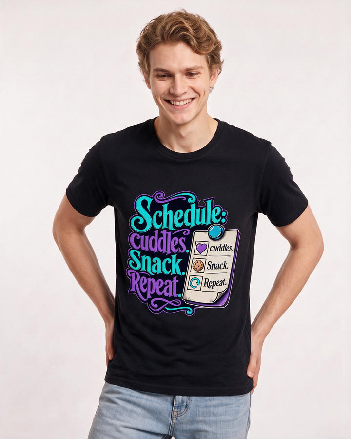 Family Men's Black T-Shirt – Schedule: cuddles. Snack. Repeat. product image 3