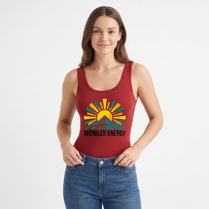 Bold Rising Sun Over Stylized Mountain Sleeveless Tank Bodysuit mockup 1