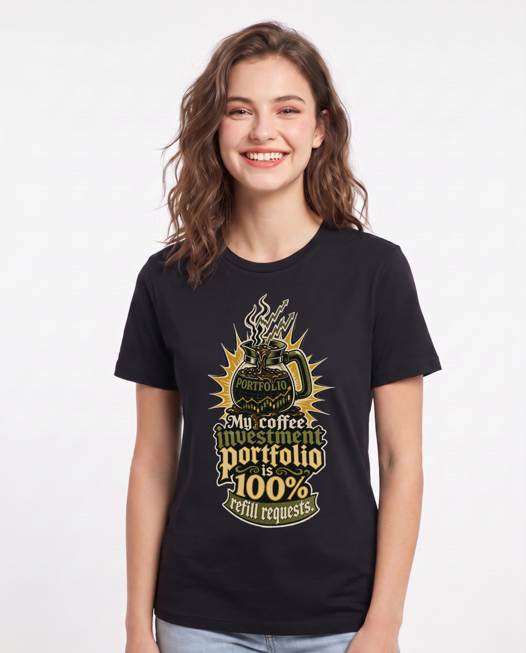Funny Mom Women's Black T-Shirt – My coffee investment portfolio is 100% refill requests product image 1