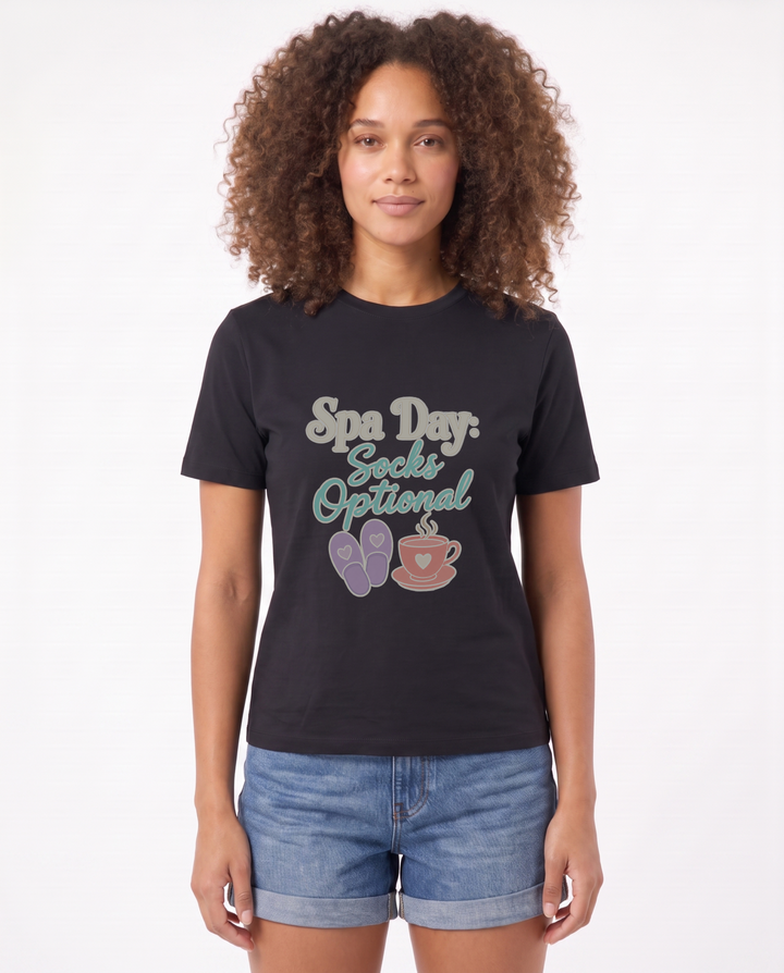 Spa Day: Socks Optional Black T-Shirt mockup 1