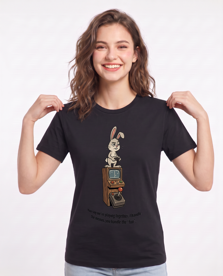 You say we’re playing together; I handle the menus, you handle the "fun". Women's Black T-Shirt product image 1