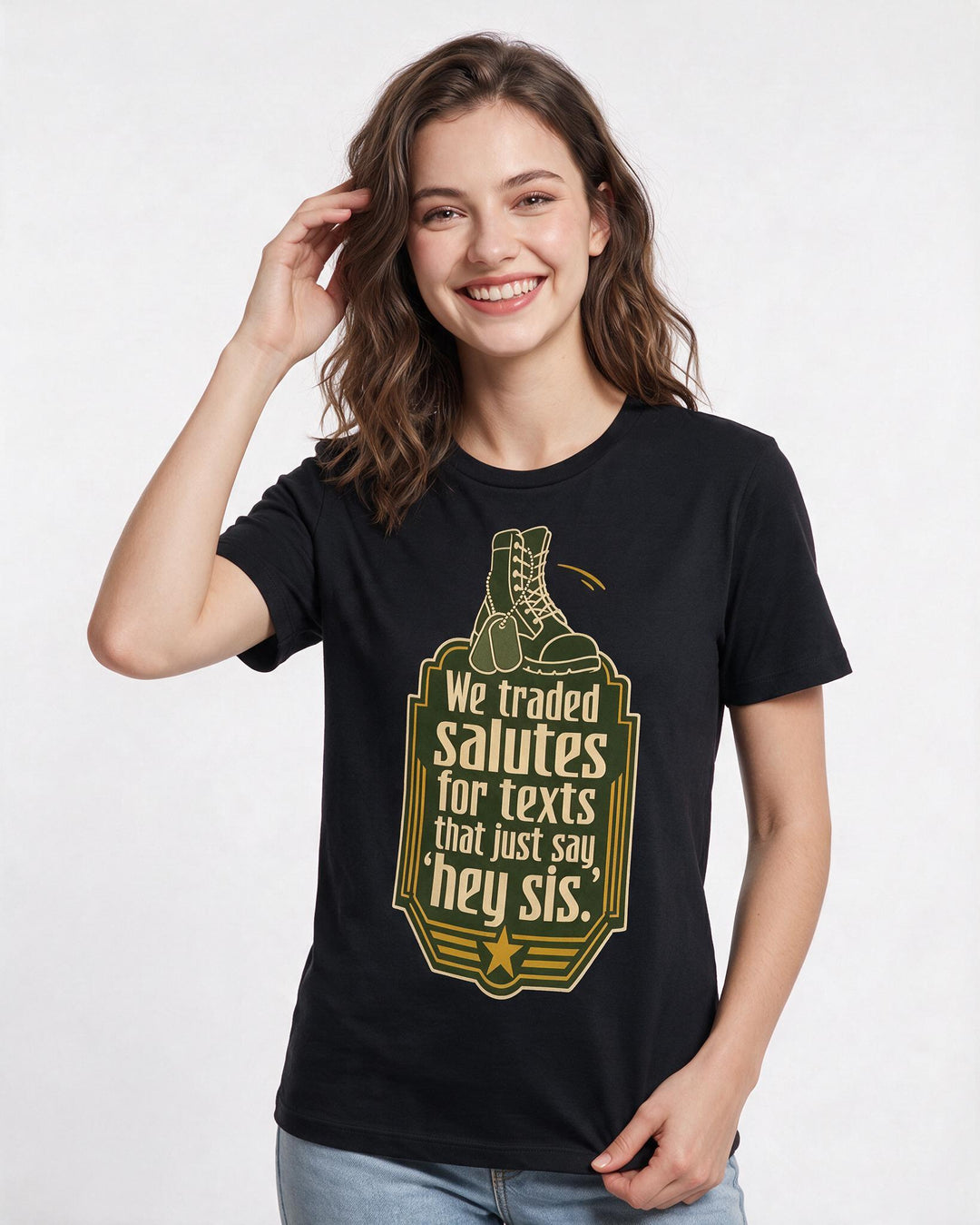 Graphic Women's Black T-Shirt - We traded salutes for texts that just product image 3
