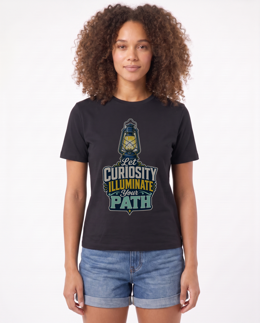 Let Curiosity Illuminate Your Path Black T-Shirt mockup 1