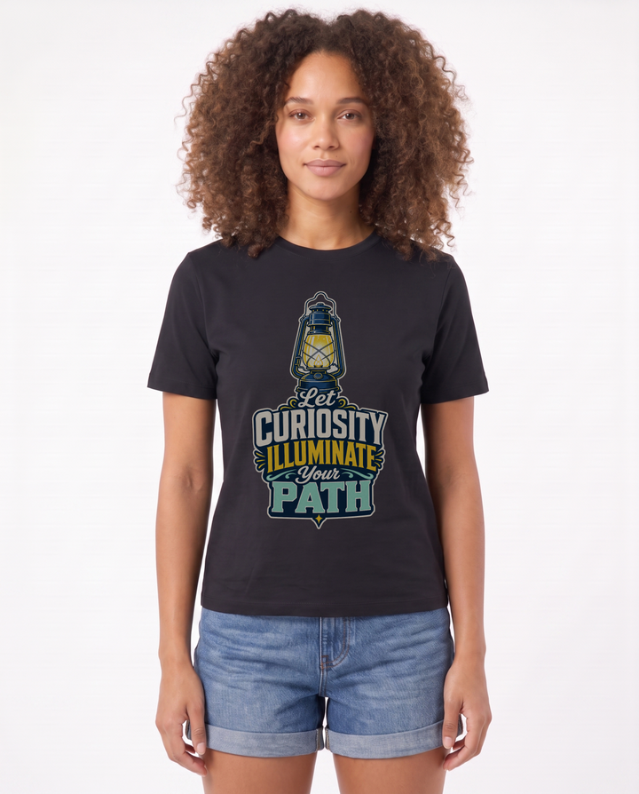 Let Curiosity Illuminate Your Path Black T-Shirt mockup 1