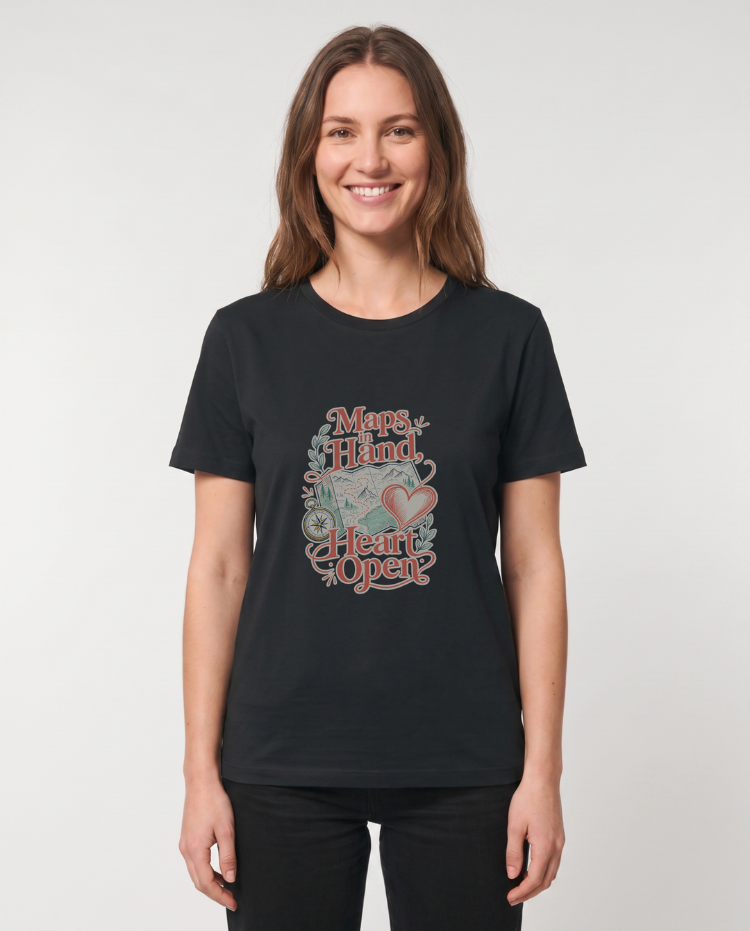 Maps In Hand, Heart Open Black T-Shirt mockup 1