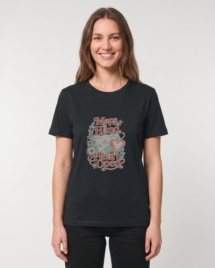 Maps In Hand, Heart Open Black T-Shirt mockup 1