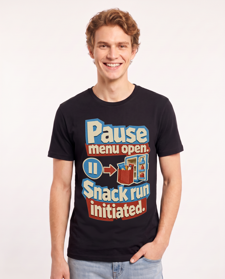 Funny Gaming Men's Black T-Shirt – Pause menu open. Snack run initiated. product image 1