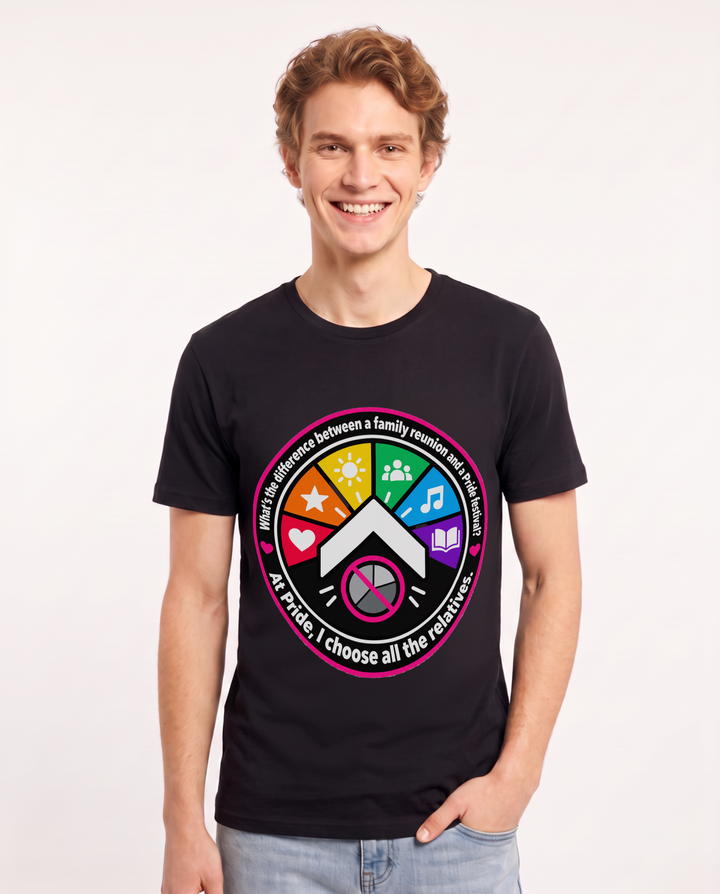 What's the difference between a family reunion and a Pride festival? At Pride, I choose all the relatives. Men's Black T-Shirt product image 2