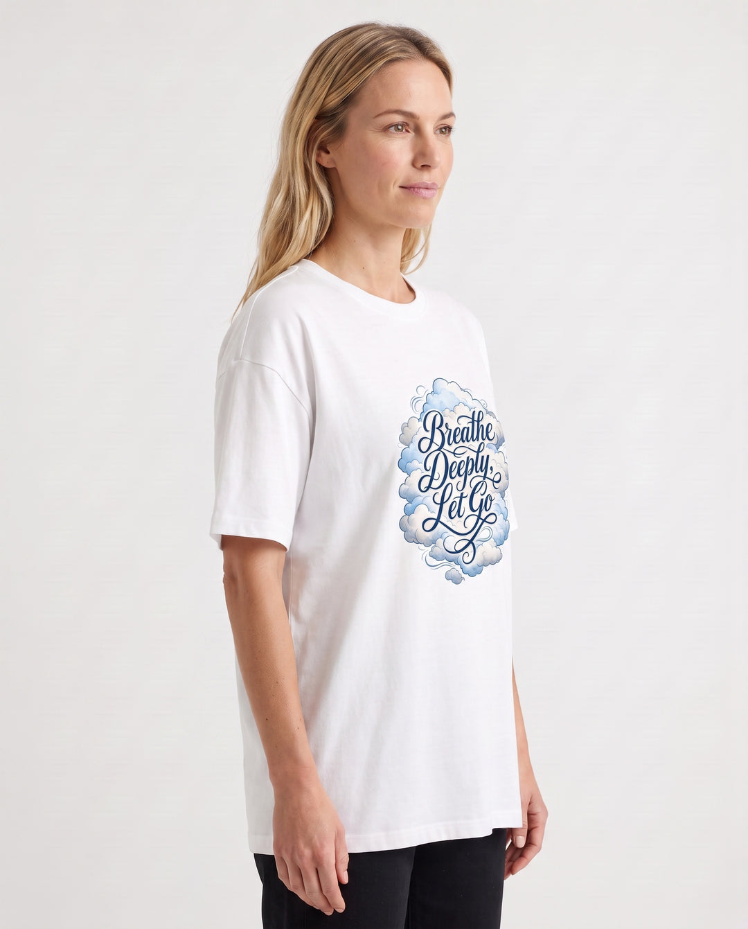 Breathe Deeply, Let Go White T-Shirt mockup 2