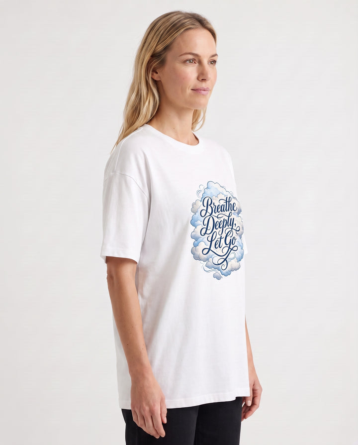 Breathe Deeply, Let Go White T-Shirt mockup 2
