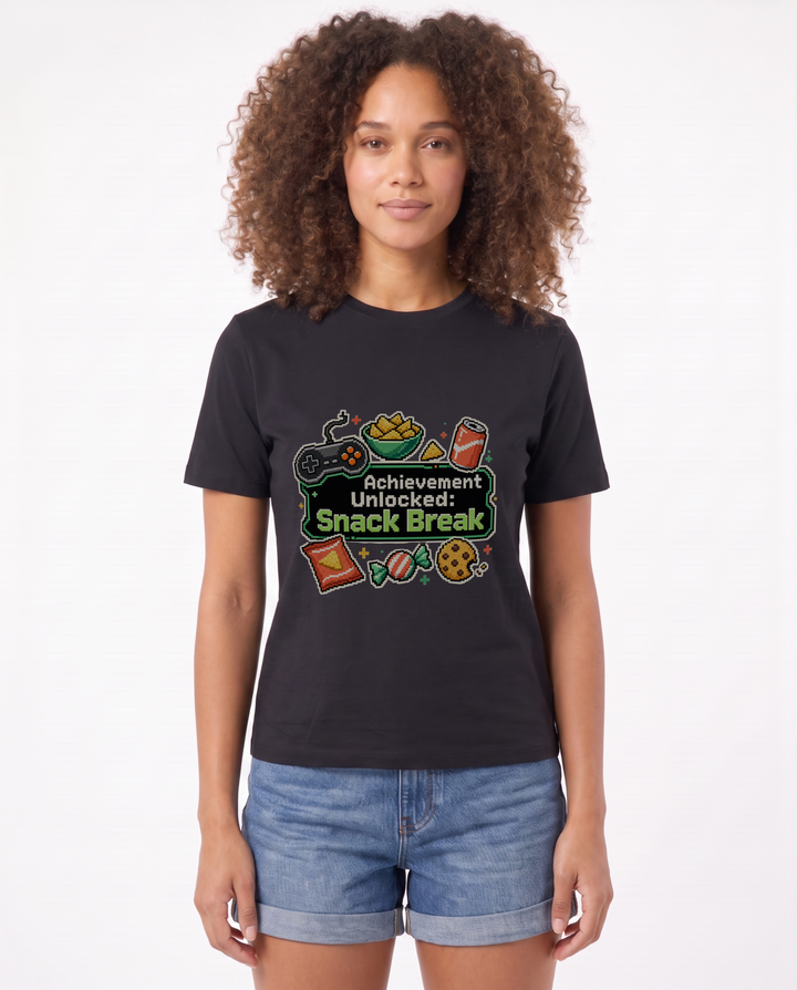 Achievement Unlocked: Snack Break Black T-Shirt mockup 1