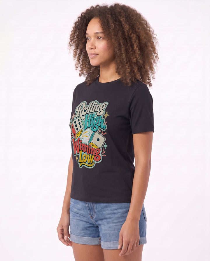 Rolling High, Winning Low Black T-Shirt mockup 2