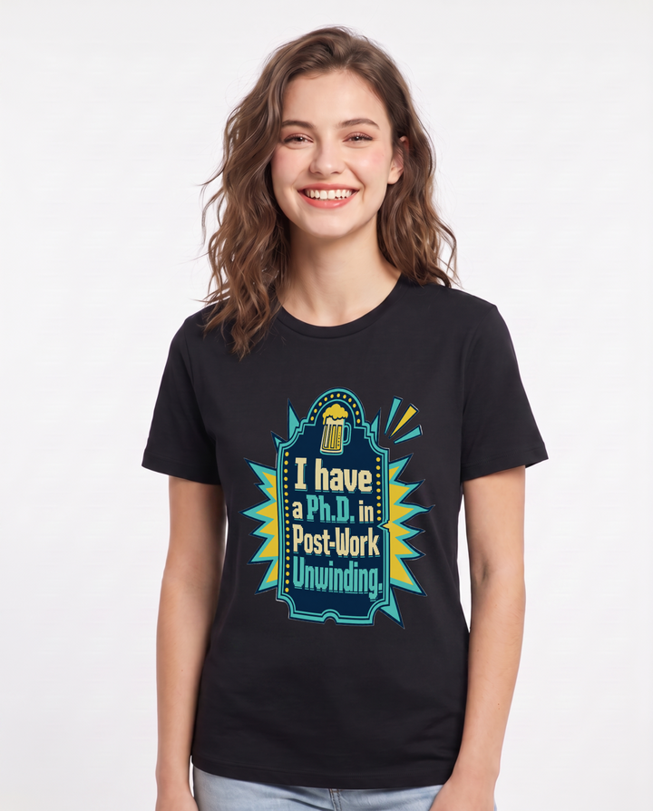 Funny Beer Women's Black T-Shirt - I have a Ph.D. in Post-Work product image 1