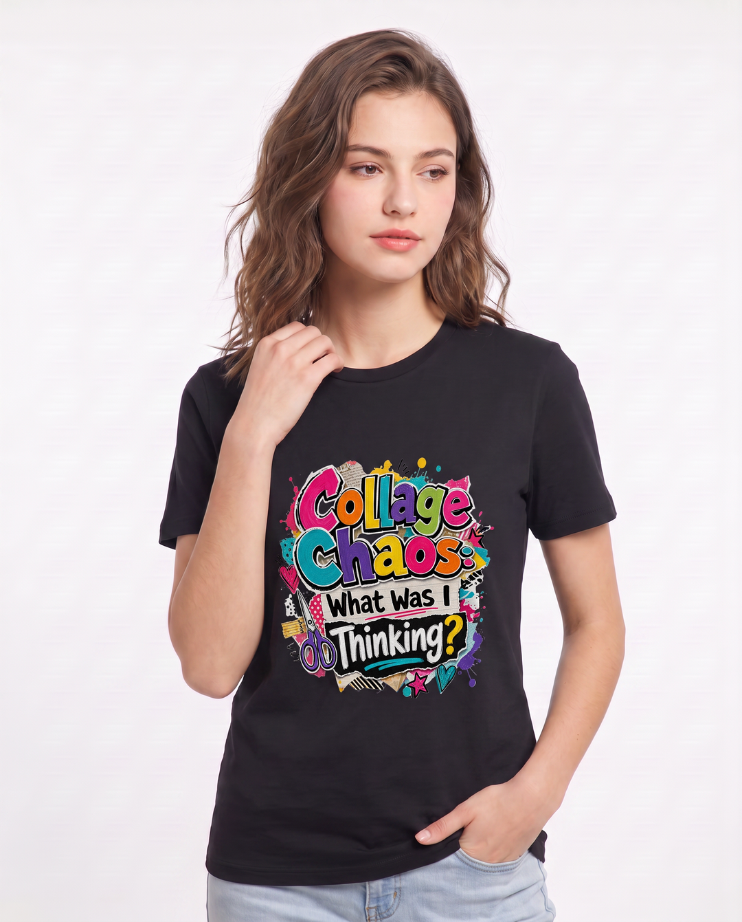 Collage Chaos: What Was I Thinking? Women's Black T-Shirt product image 1