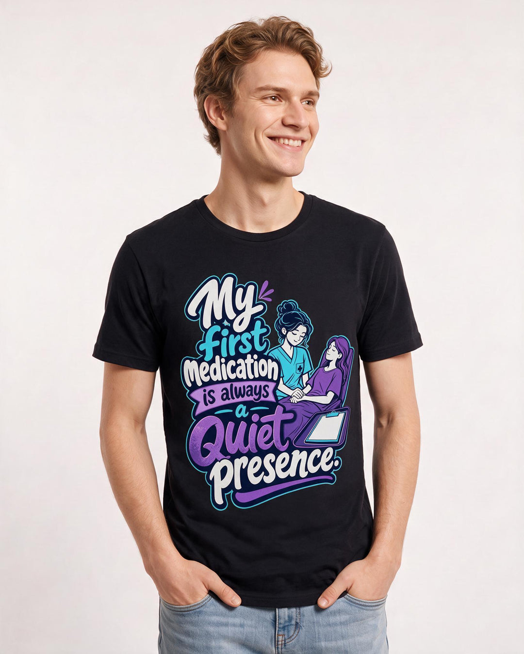Nurse Men's Black T-Shirt – My first medication is always a quiet presence. product image 3