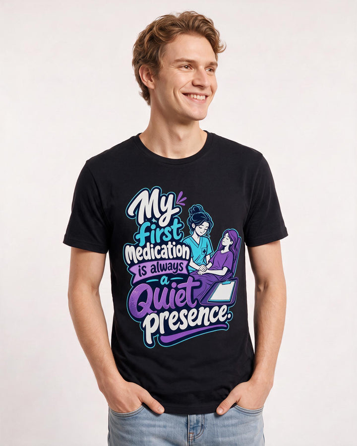 Nurse Men's Black T-Shirt – My first medication is always a quiet presence. product image 3