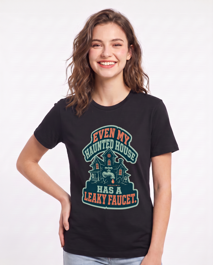 Halloween Women's Black T-Shirt - Even my haunted house has a leaky product image 3