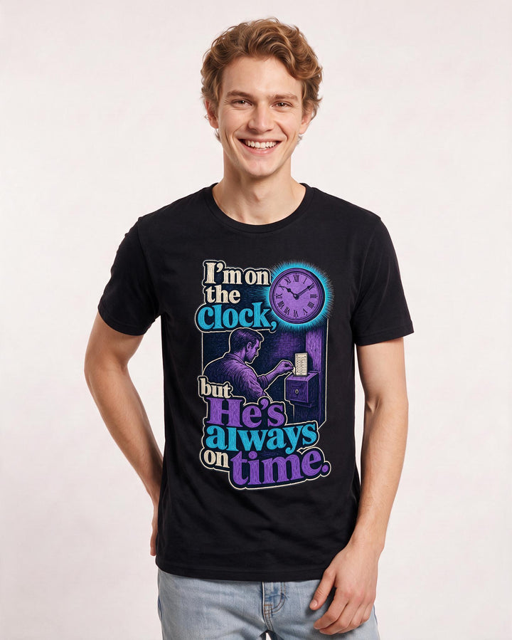Christian Faith Men's Black T-Shirt – I'm on the clock, but He's always on time. product image 3