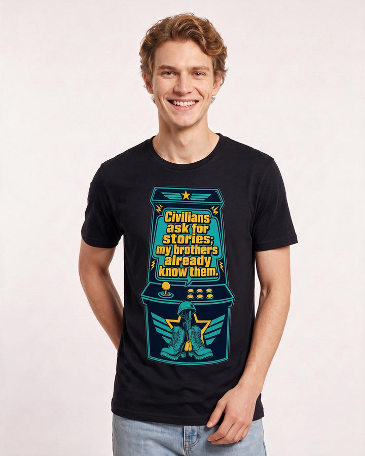Graphic Men's Black T-Shirt - Civilians ask for stories; my brothers product image 3