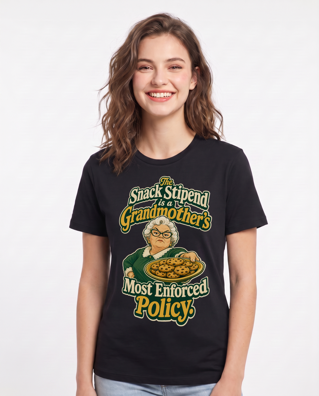 Grandparent Women's Black T-Shirt – The Snack Stipend is a Grandmother’s Most Enforced Policy. product image 1