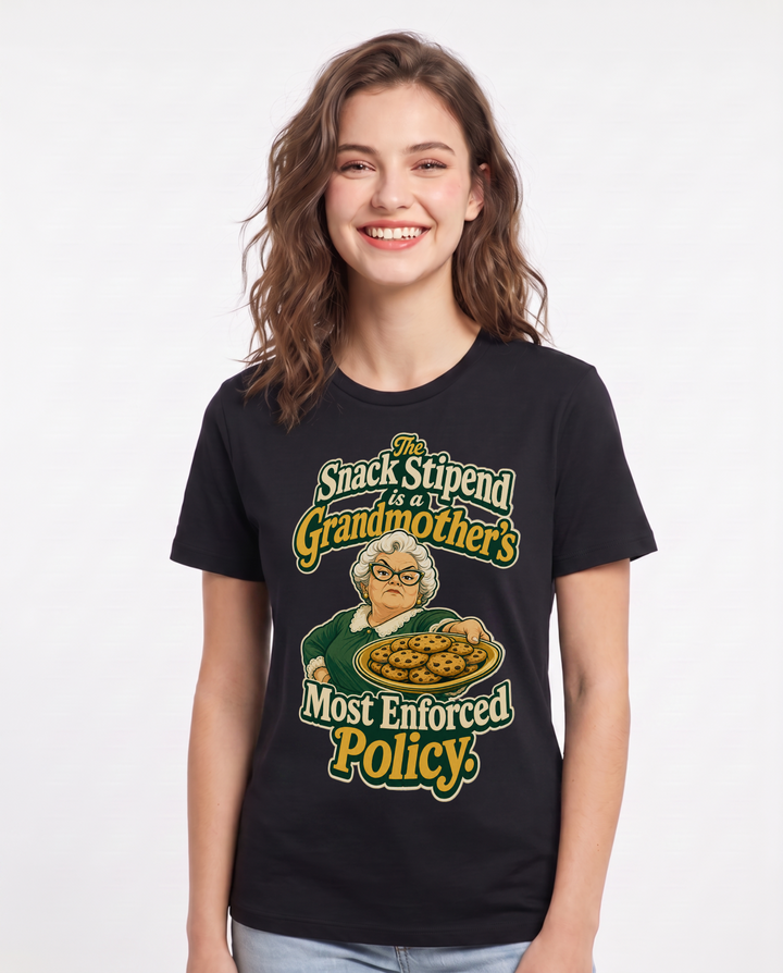 Grandparent Women's Black T-Shirt – The Snack Stipend is a Grandmother’s Most Enforced Policy. product image 1