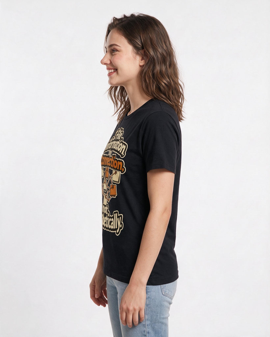 Neurodiversity Women's Black T-Shirt – I file information by connection, not alphabetically. product image 2
