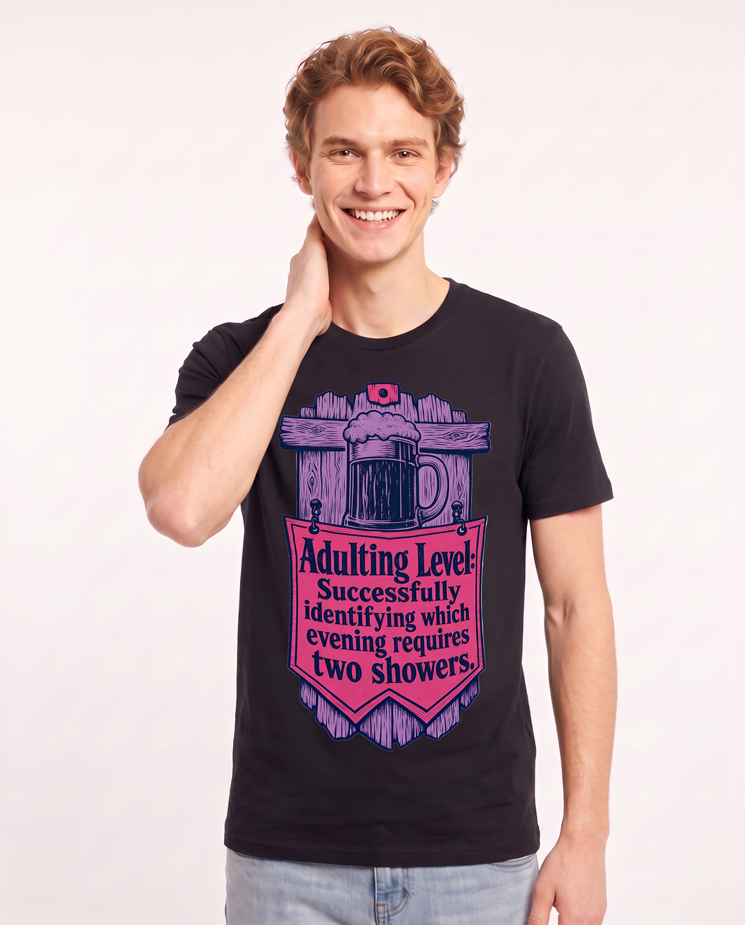 Funny Beer Men's Black T-Shirt - Adulting Level: Successfully product image 3