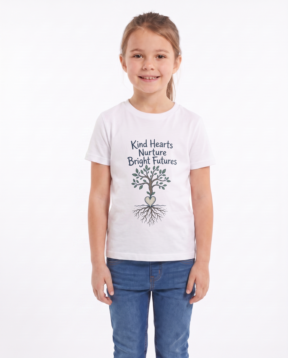 Kind Hearts Nurture Bright Futures White T-Shirt mockup 2