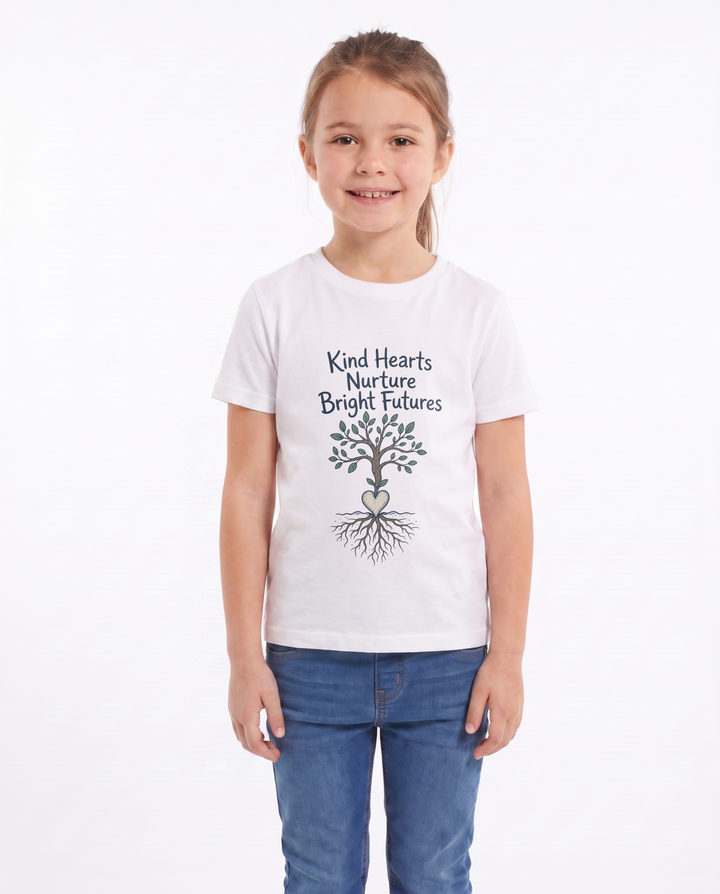 Kind Hearts Nurture Bright Futures White T-Shirt mockup 2