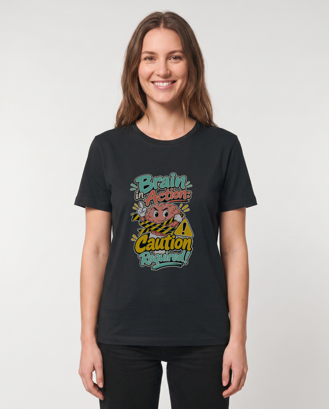 Brain In Action: Caution Required! Black T-Shirt mockup 2