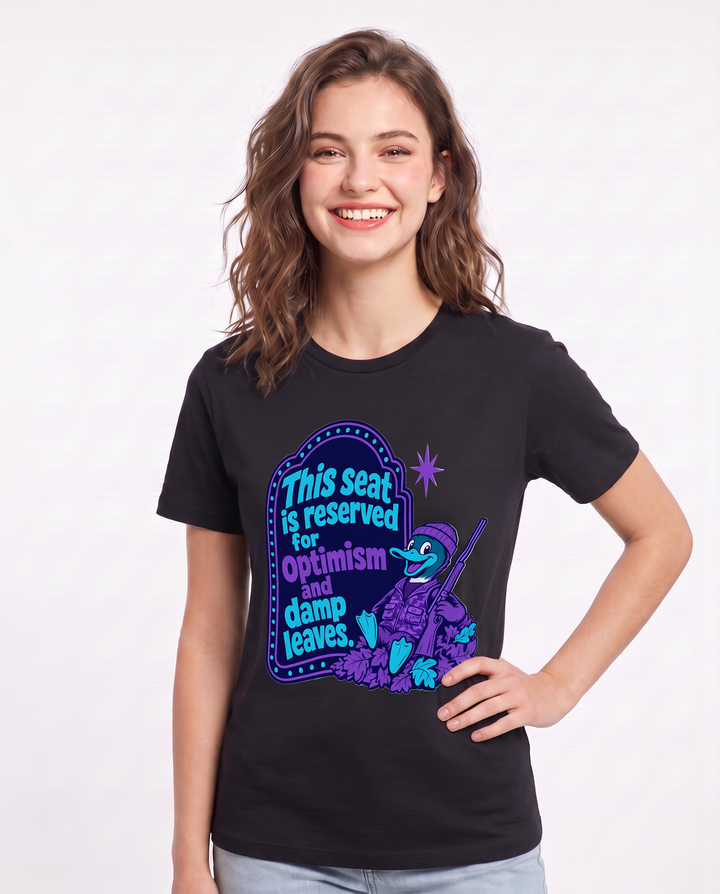 Hunting Women's Black T-Shirt - This seat is reserved for optimism and product image 3
