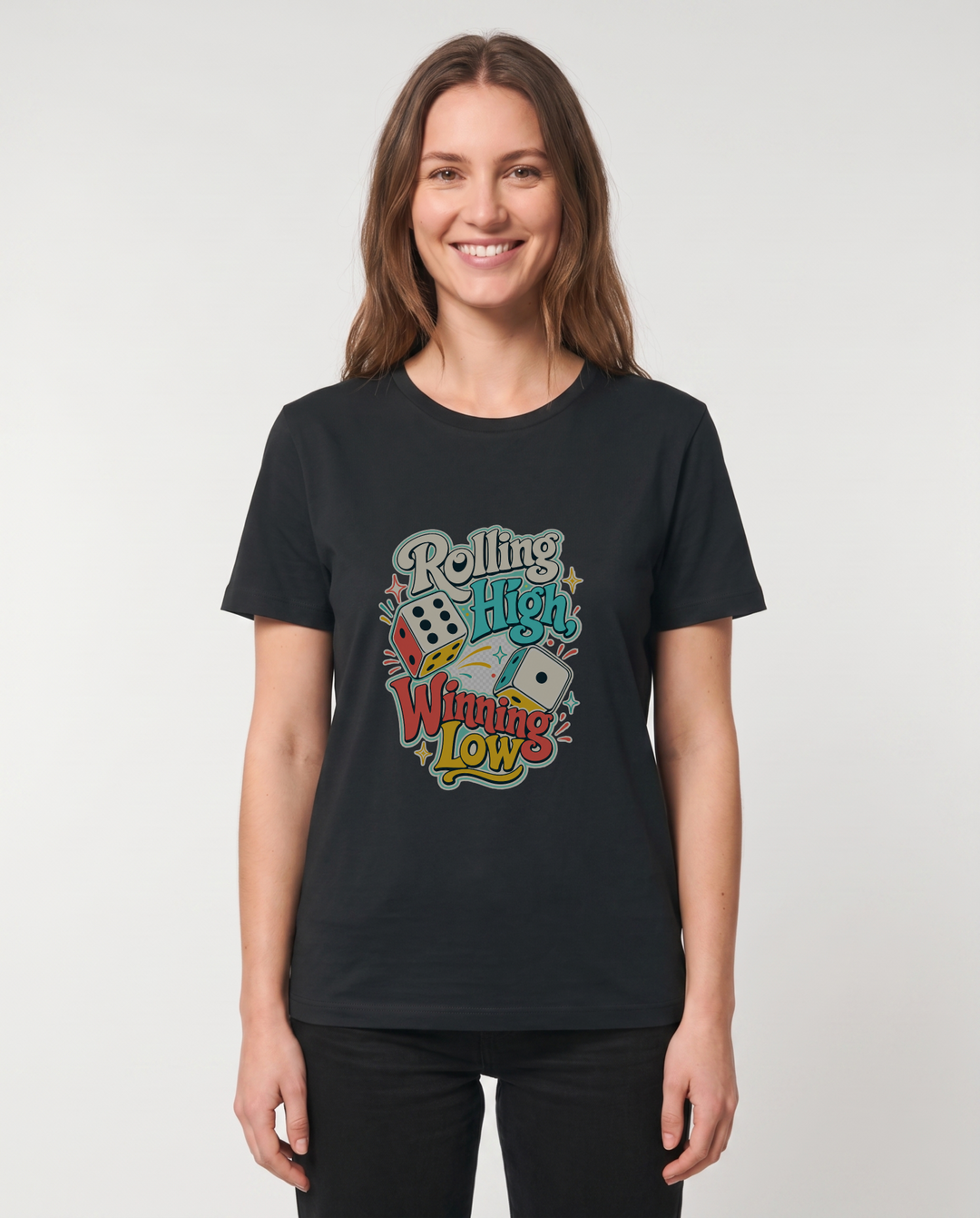 Rolling High, Winning Low Black T-Shirt mockup 1