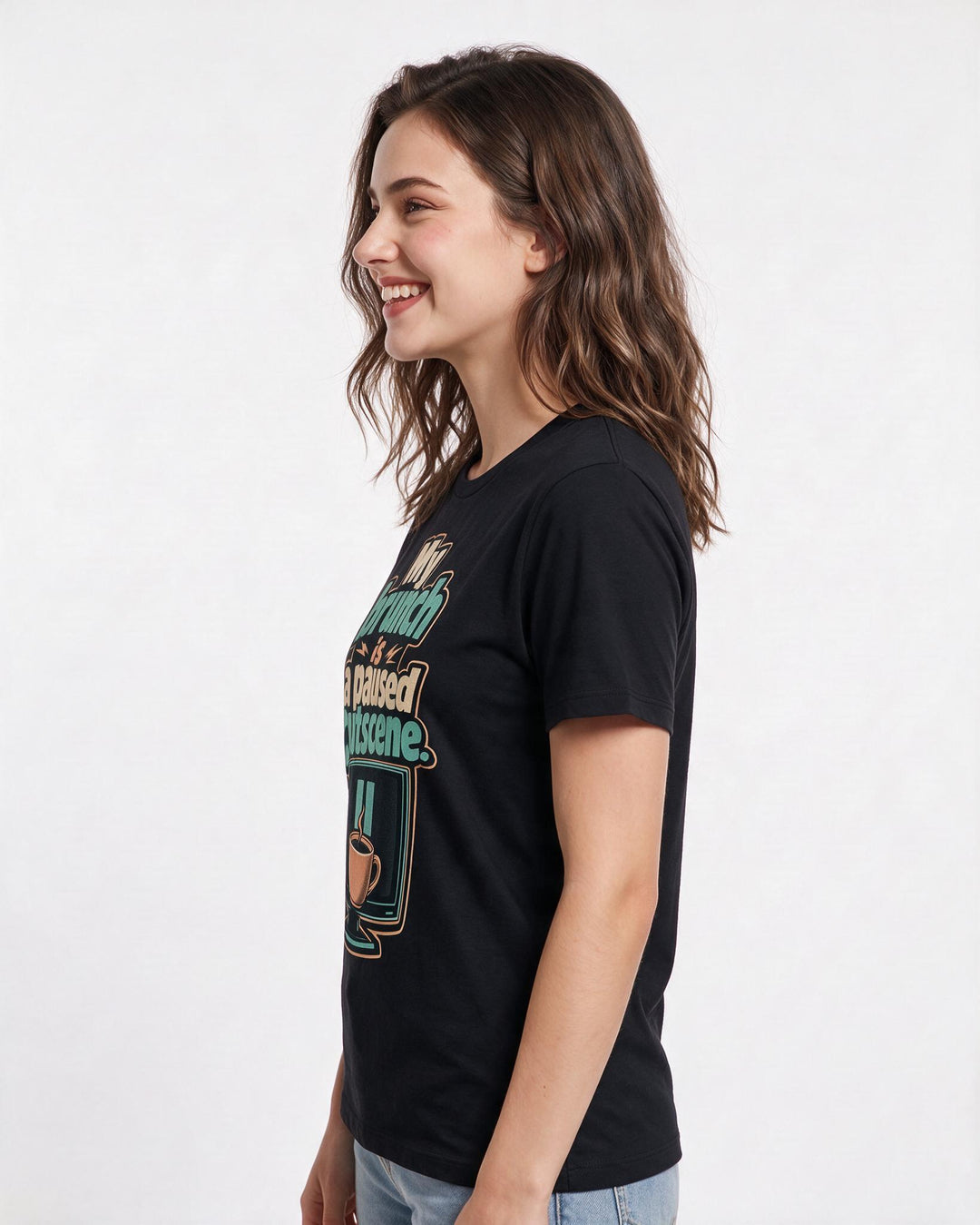 Funny Gaming Women's Black T-Shirt – My brunch is a paused cutscene. product image 2