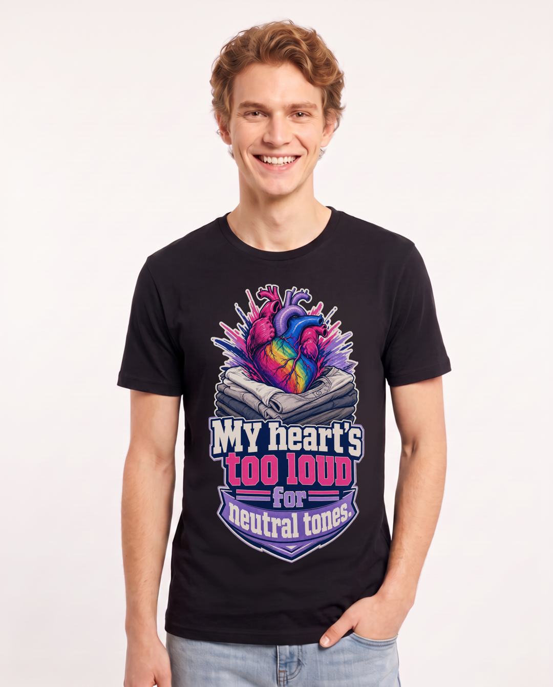 Pride Men's Black T-Shirt – My heart's too loud for neutral tones. product image 1