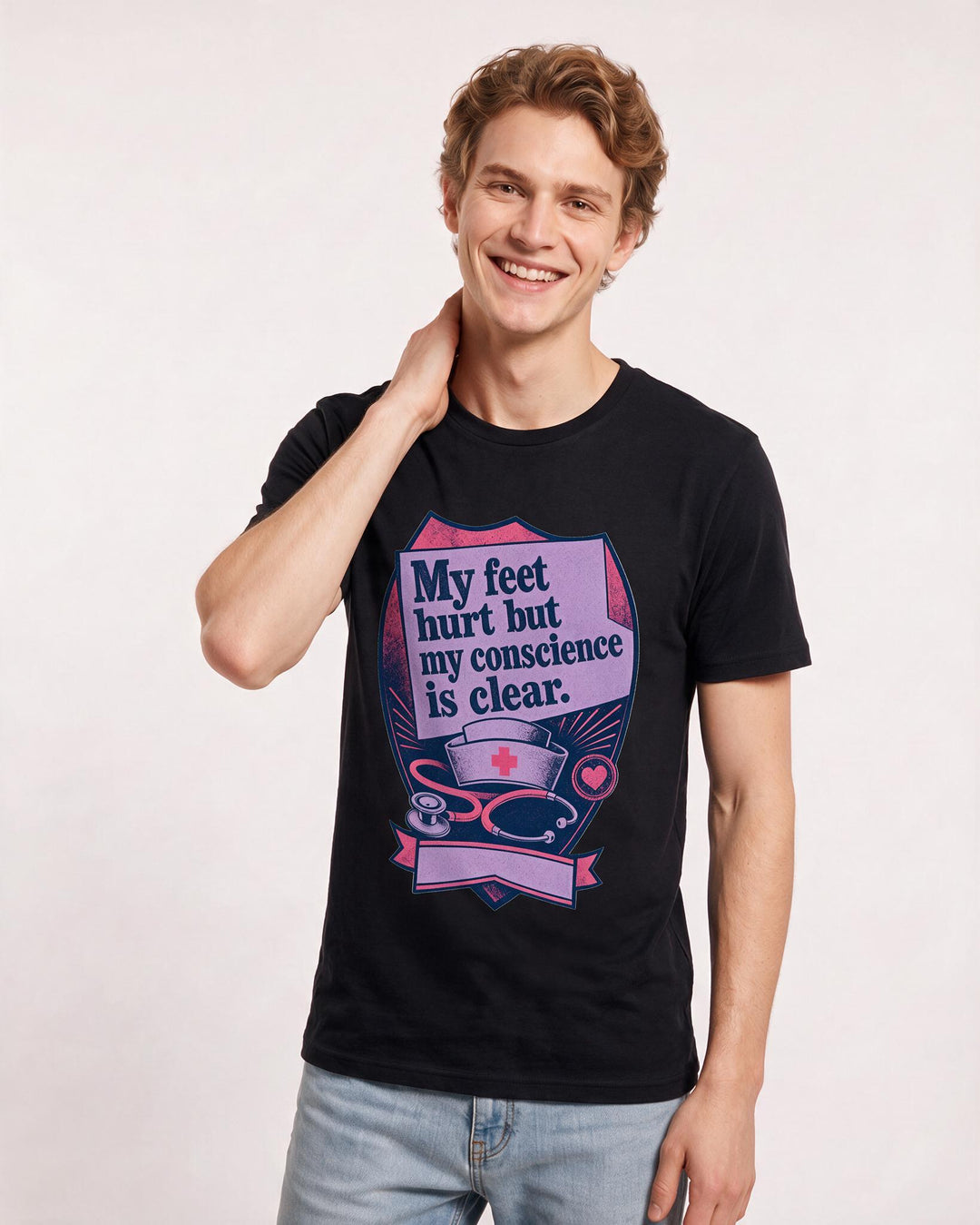 Nurse Gift Men's Black T-Shirt - My feet hurt but my conscience is product image 3