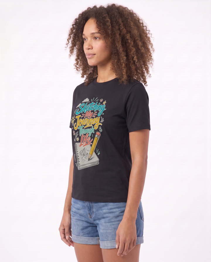 Sketching My Journey Through Life Black T-Shirt mockup 2