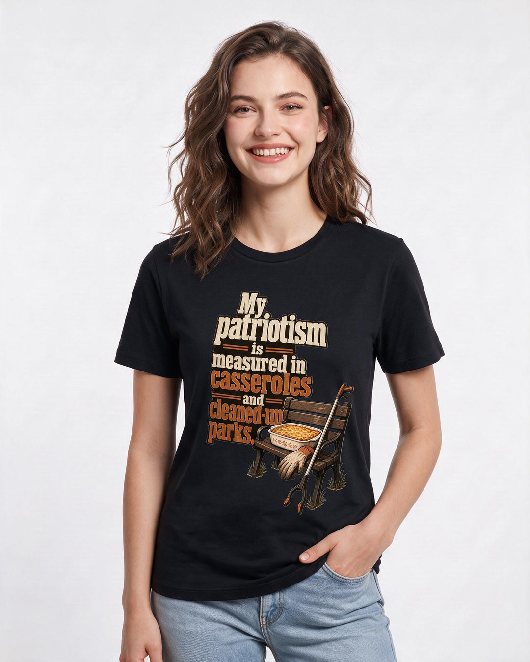 Patriotic Women's Black T-Shirt – My patriotism is measured in casseroles and cleaned-up parks. product image 3