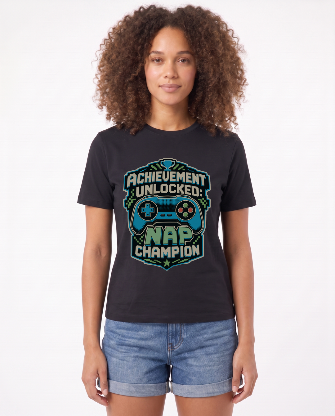 Achievement Unlocked: Nap Champion Black T-Shirt mockup 1