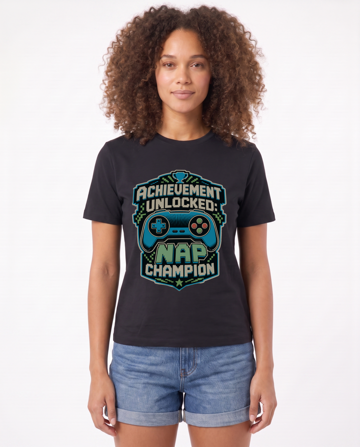Achievement Unlocked: Nap Champion Black T-Shirt mockup 1