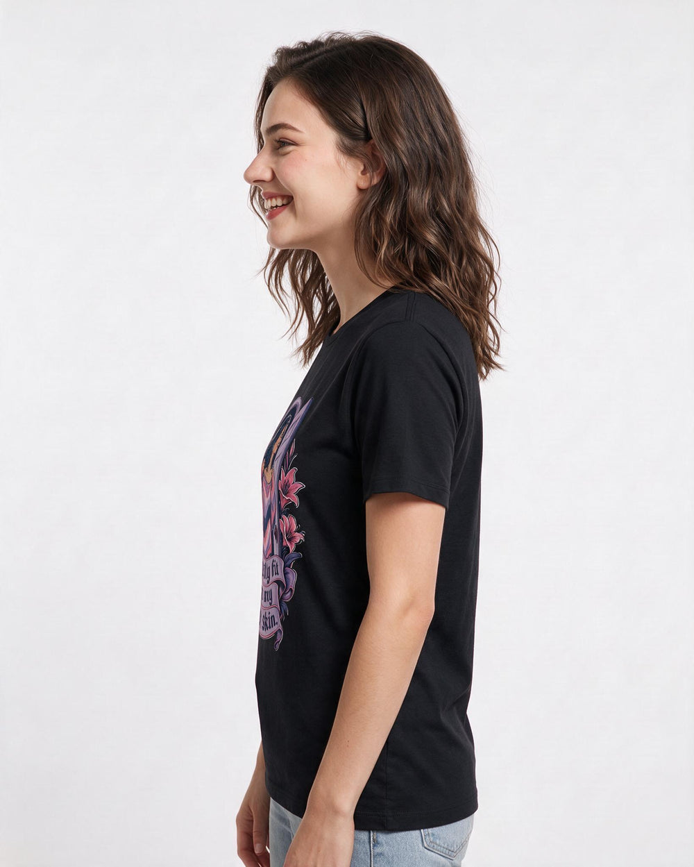 Pride Women's Black T-Shirt – I finally fit into my own skin. product image 2