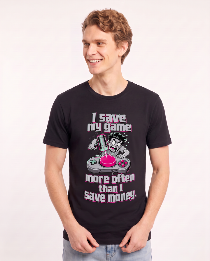 I save my game more often than I save money. Men's Black T-Shirt product image 1