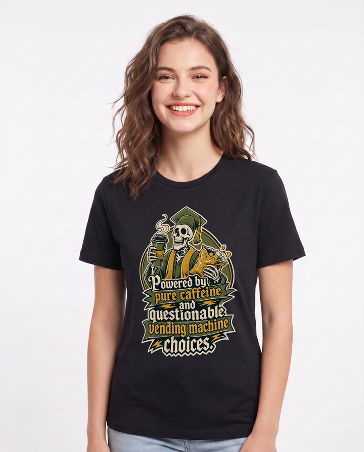 Funny Graduation Women's Black T-Shirt – Powered by pure caffeine and questionable vending machine choices. product image 1