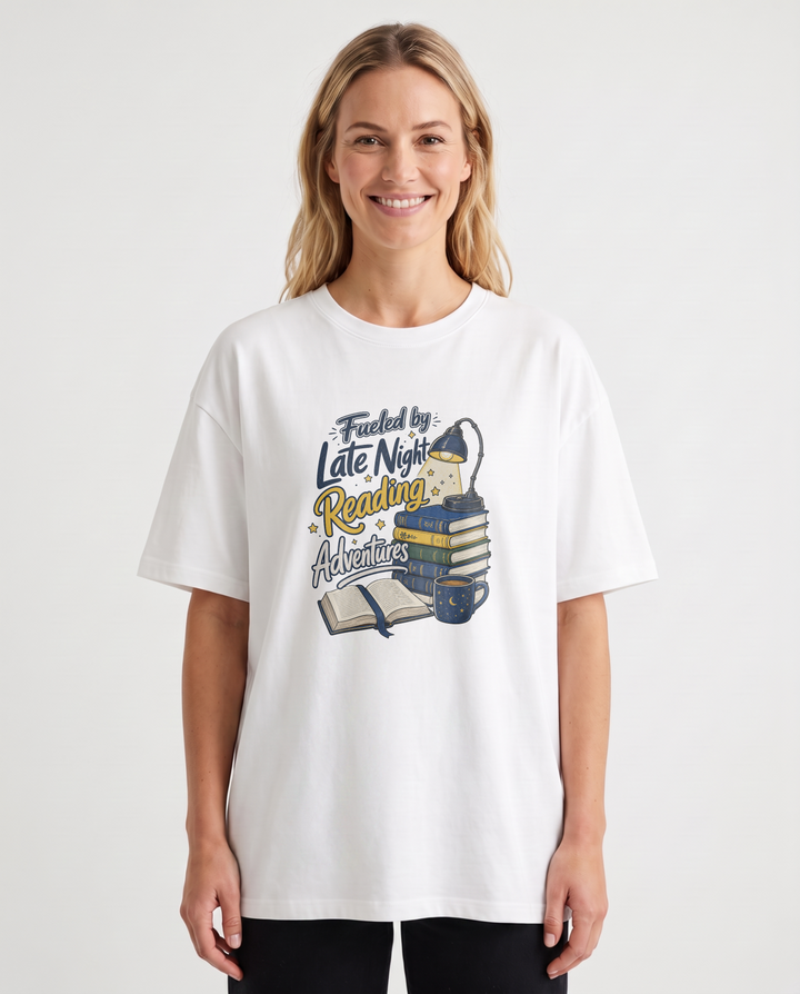 Fueled By Late Night Reading Adventures White T-Shirt mockup 1