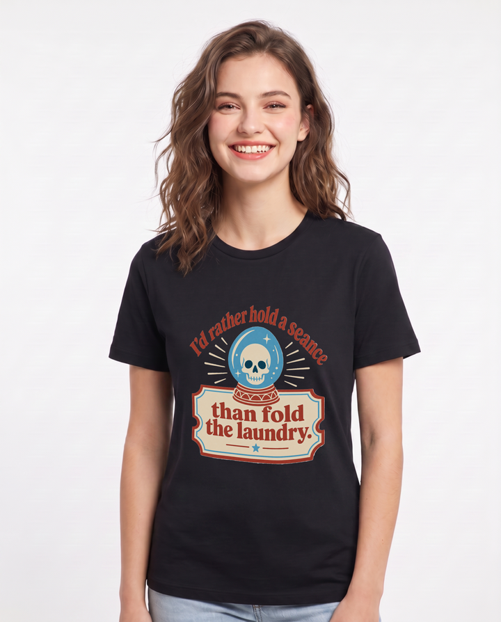 Halloween Women's Black T-Shirt - I'd rather hold a seance than fold product image 1