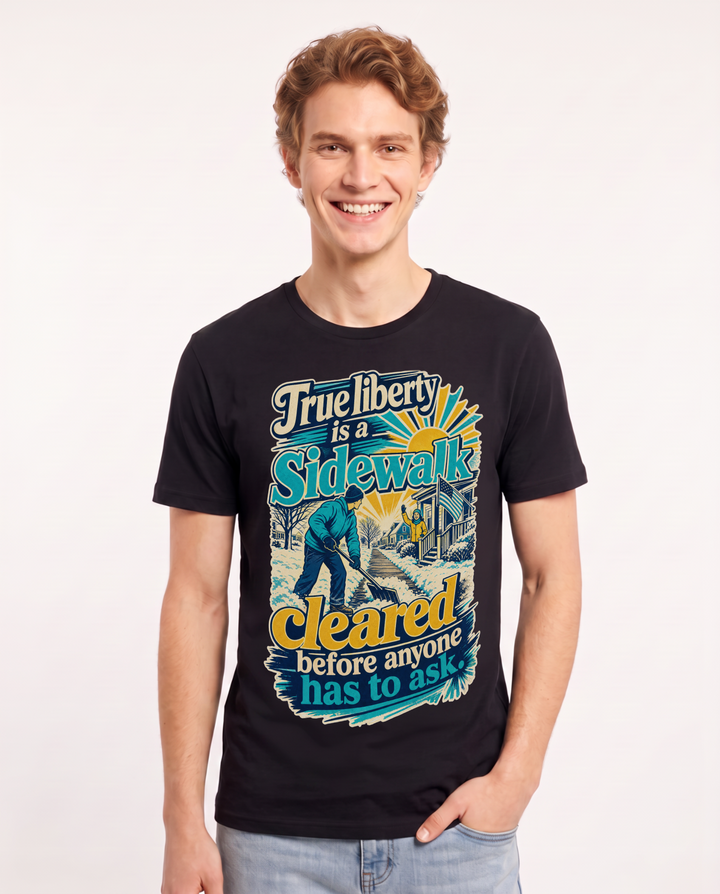 Patriotic Men's Black T-Shirt – True liberty is a sidewalk cleared before anyone has to ask. product image 1
