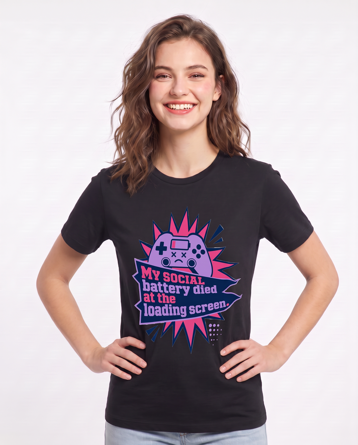 Gaming Women's Black T-Shirt - My social battery died at the loading product image 3