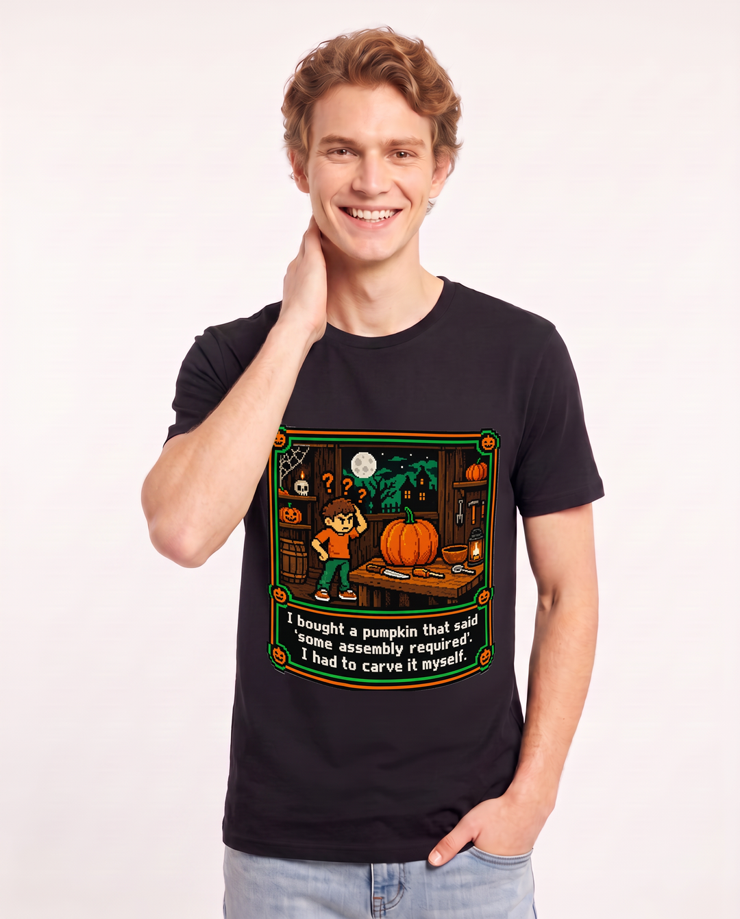 I bought a pumpkin that said 'some assembly required'. I had to carve it myself. Men's Black T-Shirt product image 1