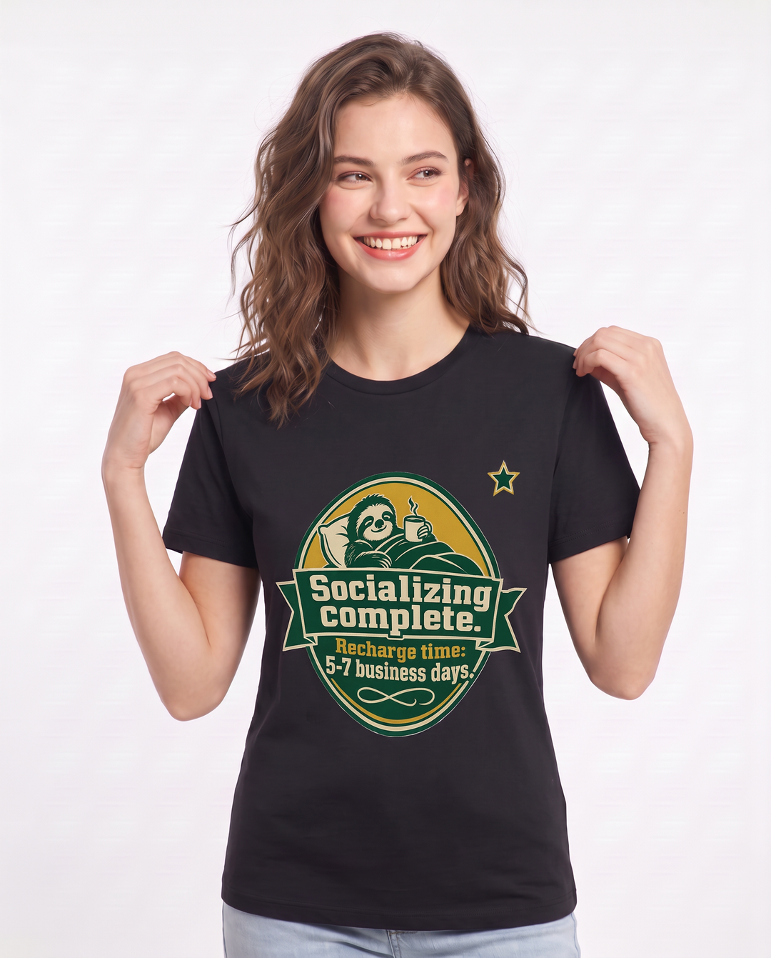 Graphic Women's Black T-Shirt - Socializing complete. Recharge time: product image 3